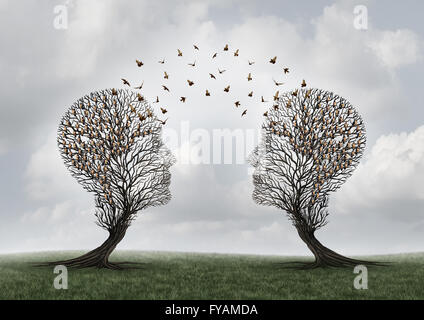 Concept of communication and communicating a message between two head shaped trees with birds perched and flying to each other as a metaphor for teamwork and business or personal relationship with 3D illustration elements. Stock Photo