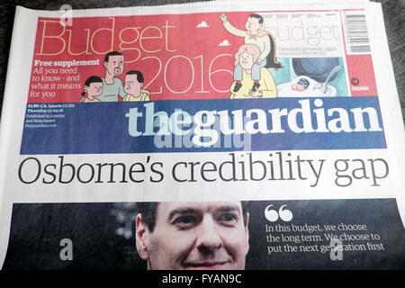 Guardian newspaper front page headline George Osborne budget  'Osborne's credibility gap'  on 17 March 2016 in London UK Stock Photo