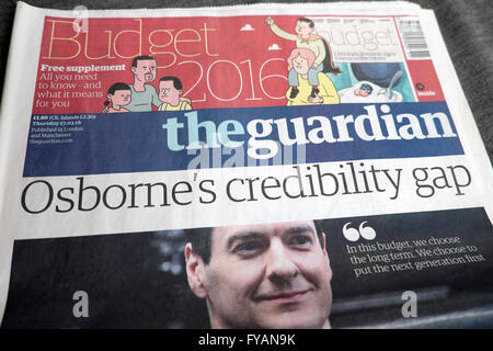 Guardian newspaper front page headline George Osborne budget  'Osborne's credibility gap'  on 17 March 2016 in London UK Stock Photo