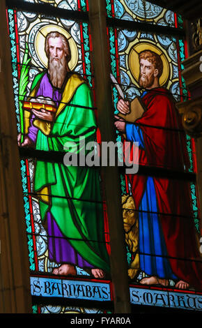 Stained Glass window in St. Vitus Cathedral, Prague, depicting Saint Barnabas and Saint Mark the Evangelist Stock Photo