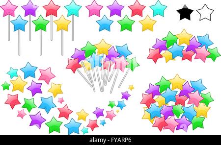 Vector illustration set of colorful stars on stick in various forms. Stock Vector