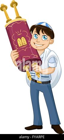 Vector illustration of a jewish boy holds the torah for bar mitzvah ...