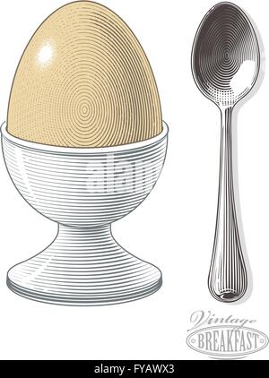 Boiled egg in eggcup with spoon Stock Vector