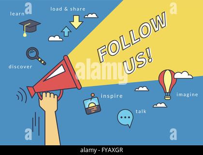 Follow us banner for social networks. Flat line contour illustration of human hand holds red megaphone Stock Vector