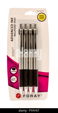 Winneconne, WI -27 Sept 2015:  Package of Foray advanced ink ball point pens. Stock Photo