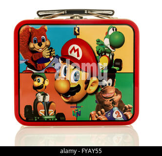 Winneconne, WI - 17 April 2016:  Lunch box featuring charactors from Nintendo on an isolated background Stock Photo