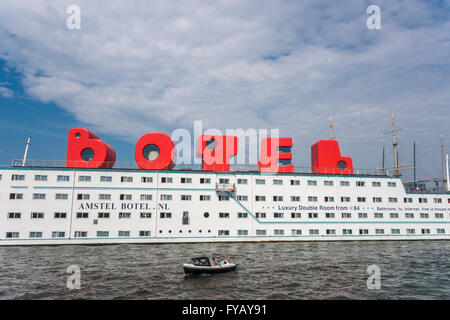 Amsterdam floating hotel Amstel Botel in Amsterdam IJ harbor with guest rooms in the BOTEL logo loft characters