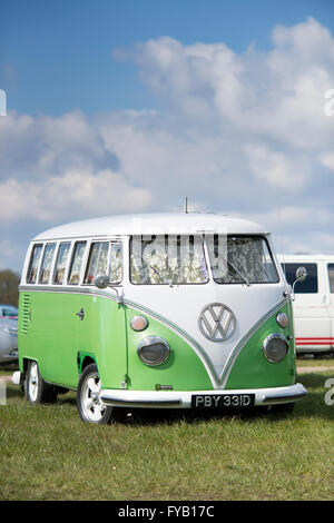 Green and white VW Split Screen Volkswagen camper van at a VW show.  England Stock Photo