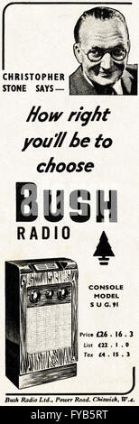 1940s original old vintage magazine advert from the WWW2 postwar era dated 1947. Advertisement advertising Bush Radio Stock Photo