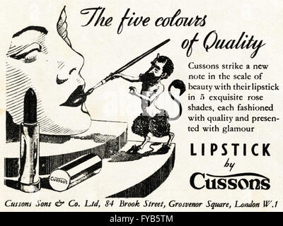 1940s original old vintage magazine advert from the WWW2 postwar era dated 1947. Advertisement advertising Cussons lipstick. Stock Photo