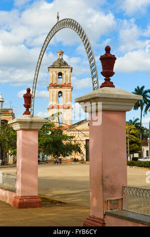 Virgen del Buen Viaje Church and Colonial Houses, Remedios, Santa Clara Province, Cuba Stock Photo