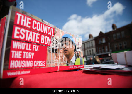Wood Green, North London 24 April 2016 Sadiq Khan's campaign leaflet. Labour party members campaigning for Sadiq Khan for London Mayoral Election in Wood Green, North London. Credit:  Dinendra Haria/Alamy Live News Stock Photo