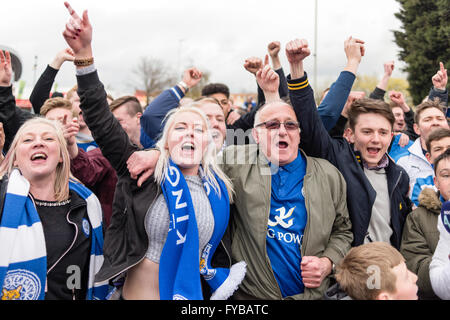 Leicester, UK. 24th April, 2016.Leicester city supporters celebrate win over Swansea city with a 4-0 win. Fans before and after the game were in good spirits cheering could be heard all round Leicester in the city centre and in local bars. Credit:  Ian Francis/Alamy Live News Stock Photo