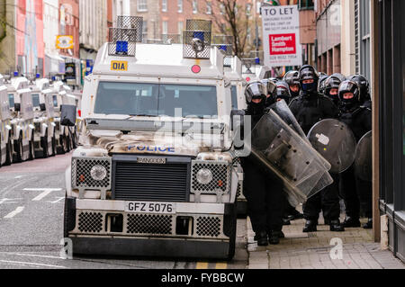 Belfast, Northern Ireland. 24th April, 2016. PSNI police officers in full riot uniform, including shields, helmets, and batons. Credit:  Stephen Barnes/Alamy Live News Stock Photo