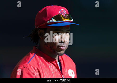 Milwaukee, WI, USA. 23rd Apr, 2016. Philadelphia Phillies third baseman Maikel Franco #7 before the Major League Baseball game between the Milwaukee Brewers and the Philadelphia Phillies at Miller Park in Milwaukee, WI. John Fisher/CSM/Alamy Live News Stock Photo