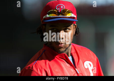 Milwaukee, WI, USA. 23rd Apr, 2016. Philadelphia Phillies third baseman Maikel Franco #7vbefore the Major League Baseball game between the Milwaukee Brewers and the Philadelphia Phillies at Miller Park in Milwaukee, WI. John Fisher/CSM/Alamy Live News Stock Photo