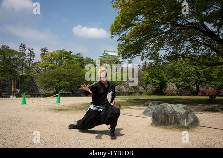 NAGOYA, JAPAN - APRIL 23: The first american professional ninja in Japan greets the press on Saturday April 23, 2016, in the grounds of Nagoya Castle, Aichi prefecture, Japan. Chris O'Neill is a 29 years old American martial artist who was selected to become the first full-time non-Japanese ninja professional in Japan by Aichi prefecture. O'Neill will work with 6 Japanese colleagues performing ninja skills and promoting the region to tourists. ( Photo by Richard Atrero de Guzman/AFLO) Stock Photo