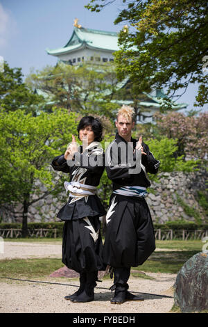 NAGOYA, JAPAN - APRIL 23: The first american professional ninja in Japan greets the press on Saturday April 23, 2016, in the grounds of Nagoya Castle, Aichi prefecture, Japan. Chris O'Neill is a 29 years old American martial artist who was selected to become the first full-time non-Japanese ninja professional in Japan by Aichi prefecture. O'Neill will work with 6 Japanese colleagues performing ninja skills and promoting the region to tourists. ( Photo by Richard Atrero de Guzman/AFLO) Stock Photo