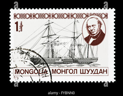 Postage stamp from Mongolia depicting Rowland Hill and PAcket boat leaving Southampton. Stock Photo
