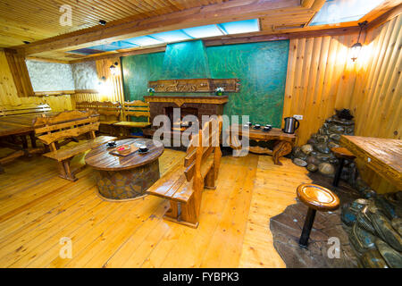 Interior of a restaurant designed in wood with bar Stock Photo