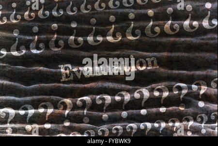 Single word Evaluation surrounded with question marks on dark background Stock Photo