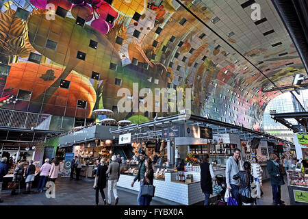 Colourful interior of the Rotterdamse Markthal (Rotterdam Market hall) at the Blaak square Dutch Netherlands Stock Photo