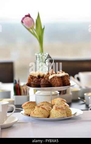 Afternoon tea in office environment Cake Scones  2 tier cake stand  Tulip flowers Stock Photo