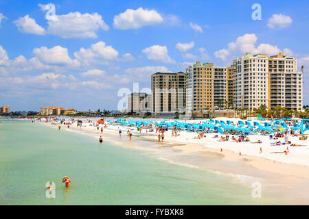 Waterfront hotels and people on Clearwater beach Florida, voted the