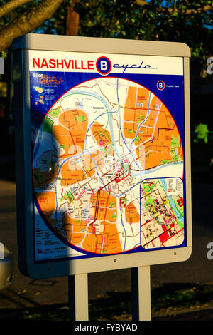 Nashville B Cycle map in East Nashville showing the various scenic routes around music city Stock Photo