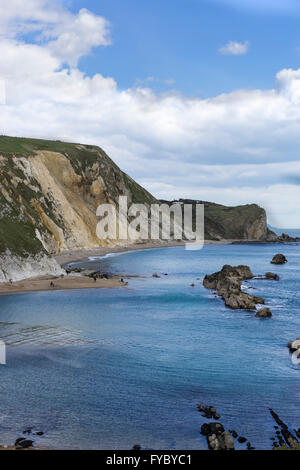 View from above Durdle Door over Man O'War Beach and St Oswald's Bay, Dorset, UK Stock Photo