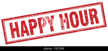 happy hour red square grunge stamp on white Stock Vector