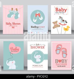 happy birthday, baby shower for newborn celebration greeting and invitation card or note.  there are shoes, elephant, teddy bear Stock Vector