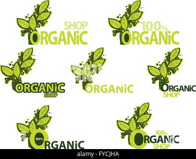 organic shop. set of logos with green leaves. Stock Vector