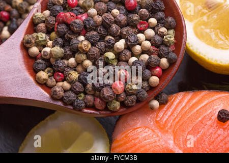 close up of red fish steak with spices. Stock Photo