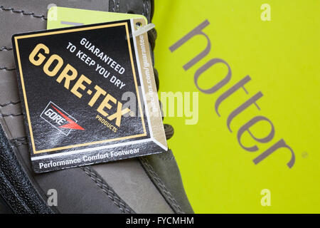 labels on Hotter Gore-tex shoes guaranteed to keep you dry Goretex Stock Photo