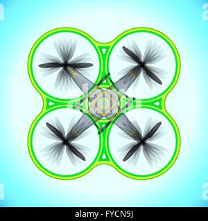 vector colored flat design flying quadcopter drone with transparent green protection guard isolated illustration blue background Stock Vector