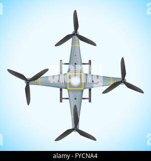 vector colorful flat design quadcopter drone three blades propellers top view isolated illustration blue background Stock Vector