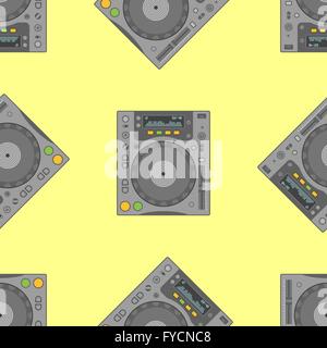 vector colorful flat design electrical device dj cd turntable decoration seamless pattern yellow background Stock Vector