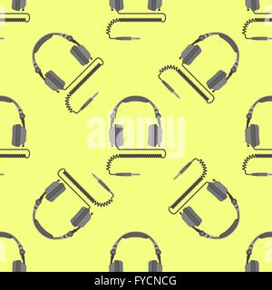 vector colorful flat design electric device dj headphones with cable and jack connector decoration seamless pattern yellow backg Stock Vector