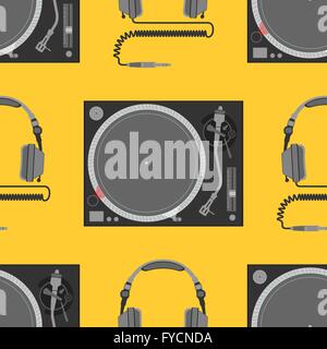 vector colorful flat design electrical device vinyl turntable and dj headphones decoration seamless pattern orange background Stock Vector