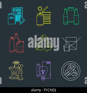 vector colored outline design waste colored groups paper plastic battery metal glass organic paper hazardous icons set for separ Stock Vector
