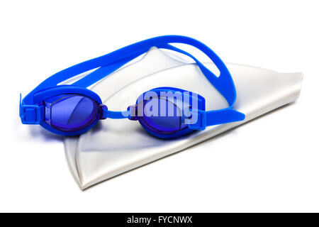 goggles and cap for swimming on a white background Stock Photo