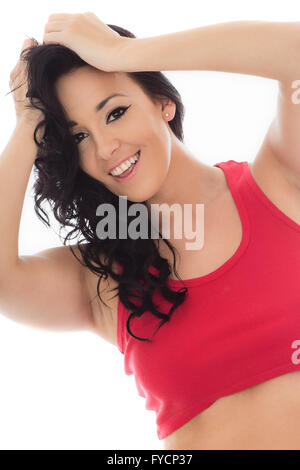 Attractive Happy Young Hispanic Woman Wearing A Red Vest Top Isolated Against A White Background