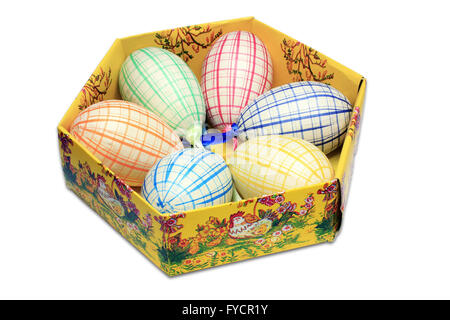 Six easter eggs in box isolated white Stock Photo