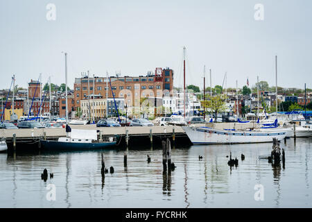 Boats and buildings on the waterfront in Fells Point, Baltimore, Maryland. Stock Photo