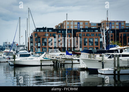 Boats and buildings on the waterfront in Fells Point, Baltimore, Maryland. Stock Photo