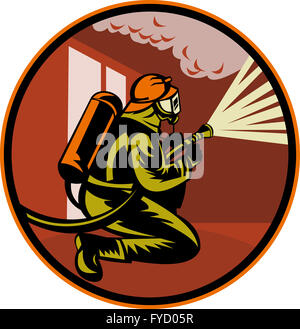Fireman firefighter kneeling with fire hose Stock Photo - Alamy
