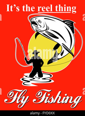 Fly fisherman catching trout with fly reel Stock Photo