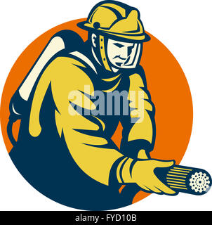 Fireman Firefighter Aiming Fire Hose Circle Black and White Stock Photo ...