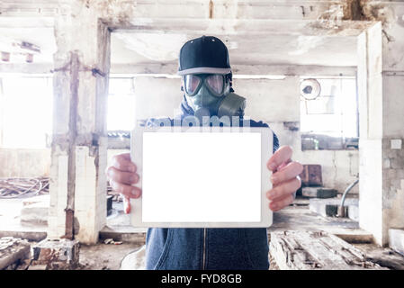 Blank screen on tablet pc in mans hands,selective focus Stock Photo